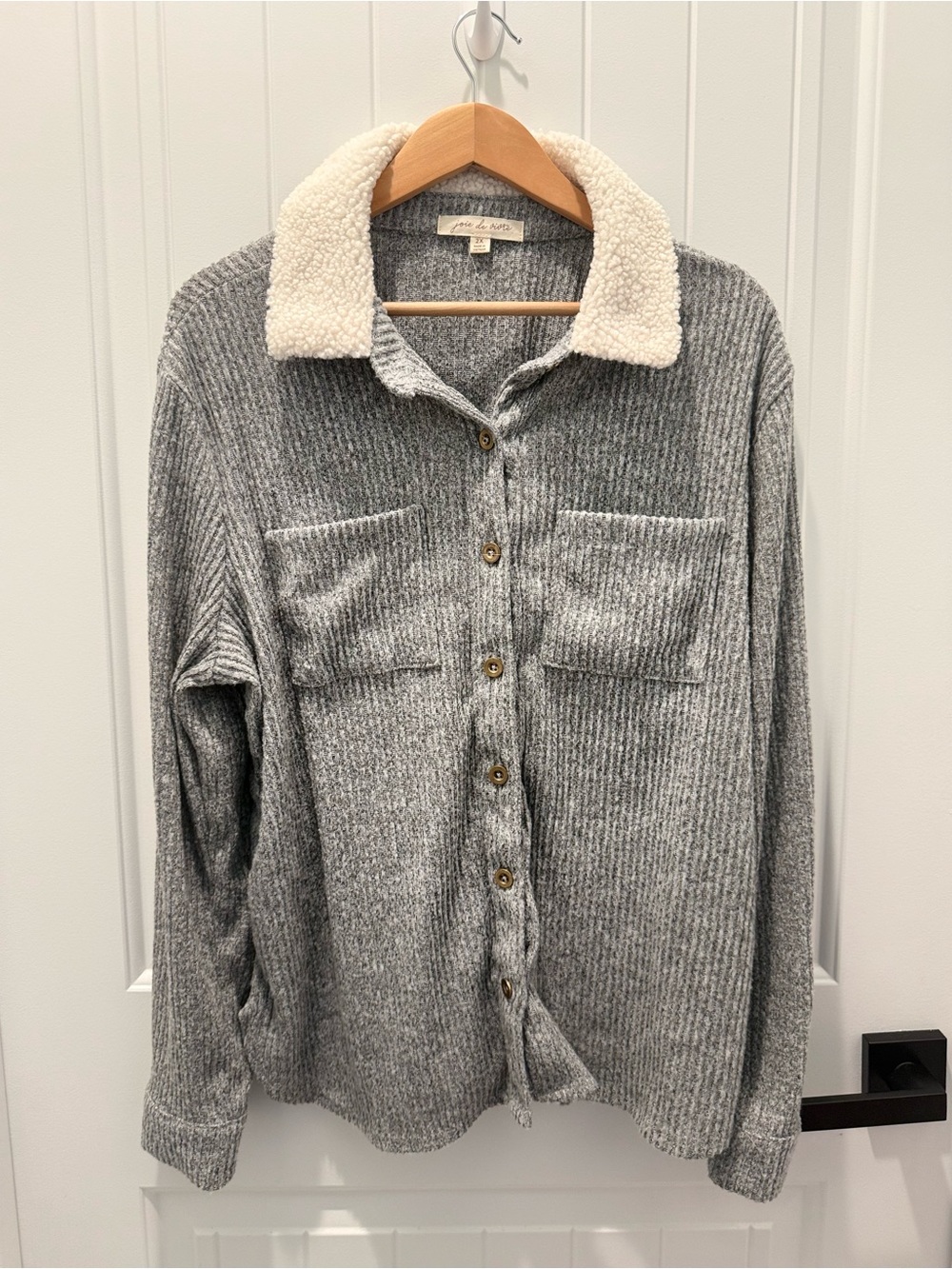 Sherpa-Collar Grey Button-Front Cardigan